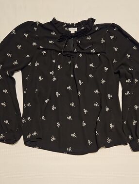 J. Crew Black Bow-Print Long-Sleeve Tie Blouse